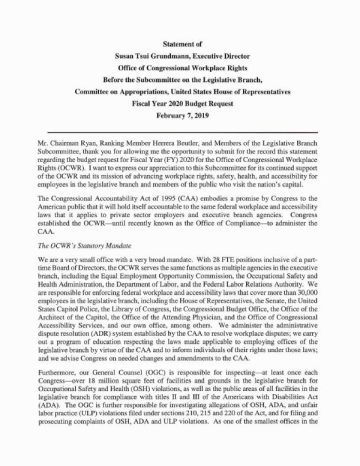 Cover of the Statement of Susan Tsui Grundmann, Executive Director, Office of Congressional Workplace Rights, Before the Subcommittee on the Legislative Branch, Committee on Appropriations, U.S. House of Representatives, Fiscal Year 2020 Budget Request - February 7, 2019 pdf
