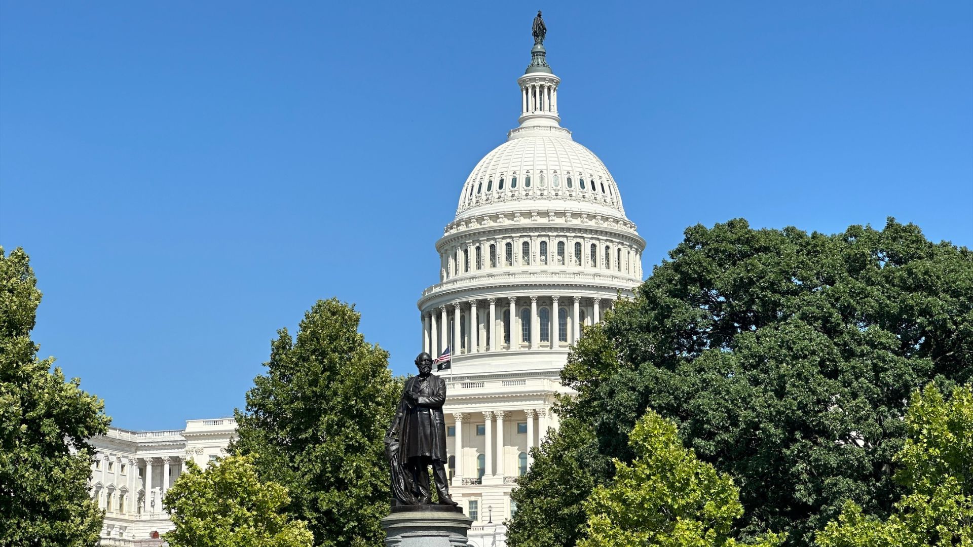 U.S. Capitol dome with a statue of James A. Garfield in the foreground